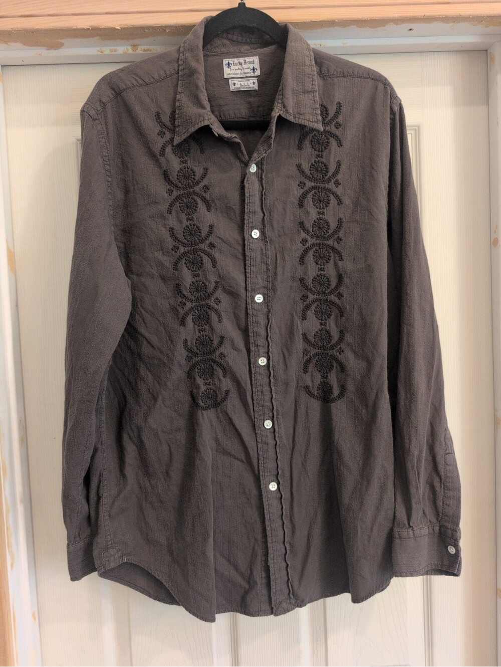 VTG Y2K Lucky Brand Brown 100% Cotton Embroidered Western Dress Shirt Size Large